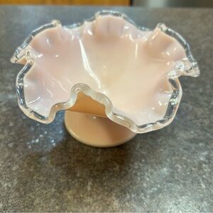 RARE Fenton Pastel Rose Pink Milk Glass Vintage Compote with Ruffled Silvercrest